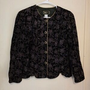 R&K Evening Womens Jacket Missy Size 14 Black Velvet Metallic Floral Scalloped